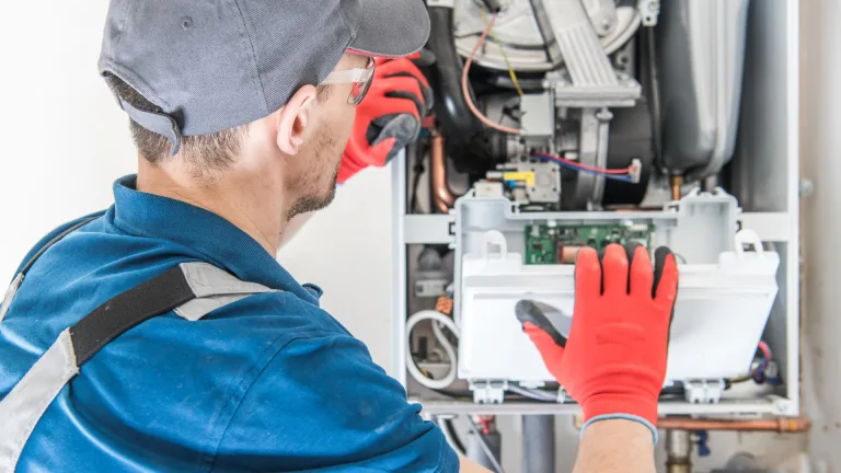 A repairman working on a furnace repair in Sacramento.
