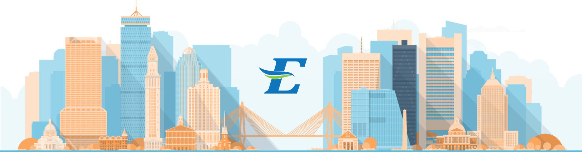 illustration of city skyline with Elite Heating and Air logo in the center