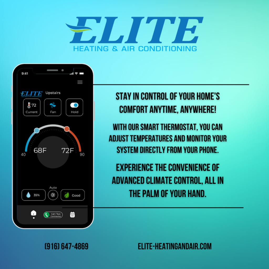 A smartphone displaying a smart thermostat app with temperature controls is next to text promoting Elite Heating & Air Conditioning.