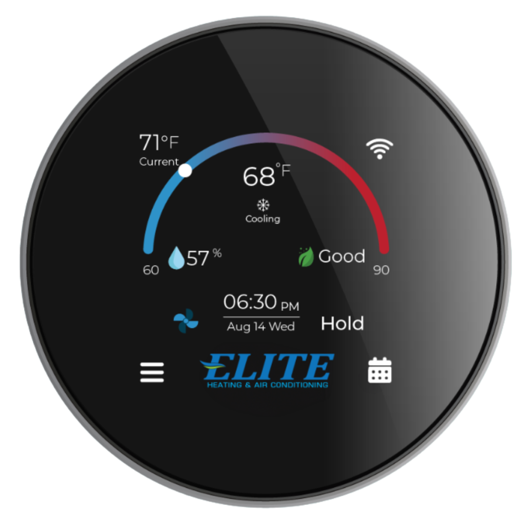 elite aura smart thermostat displayed on a home wall with a family seated comfortably in the background