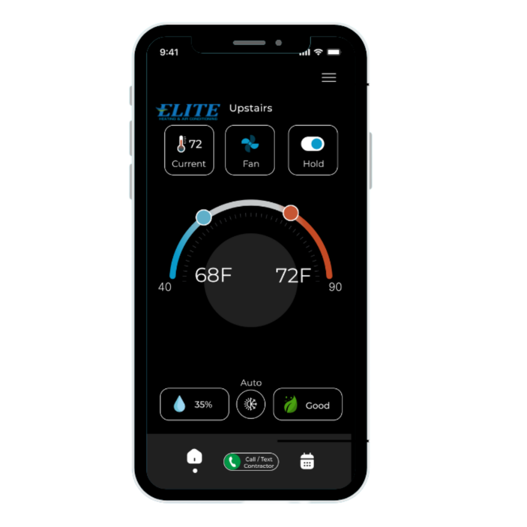 A smartphone displaying a smart thermostat app with temperature controls is next to text promoting Elite Heating & Air Conditioning.