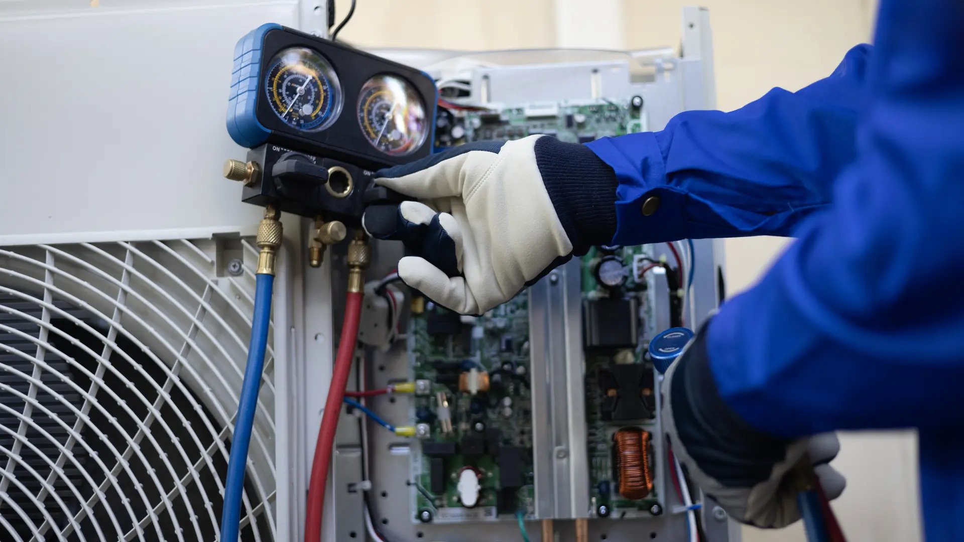 Close up Air conditioner's technician hand check fill refrigerant liquid and maintenance condensor unit, Home care service