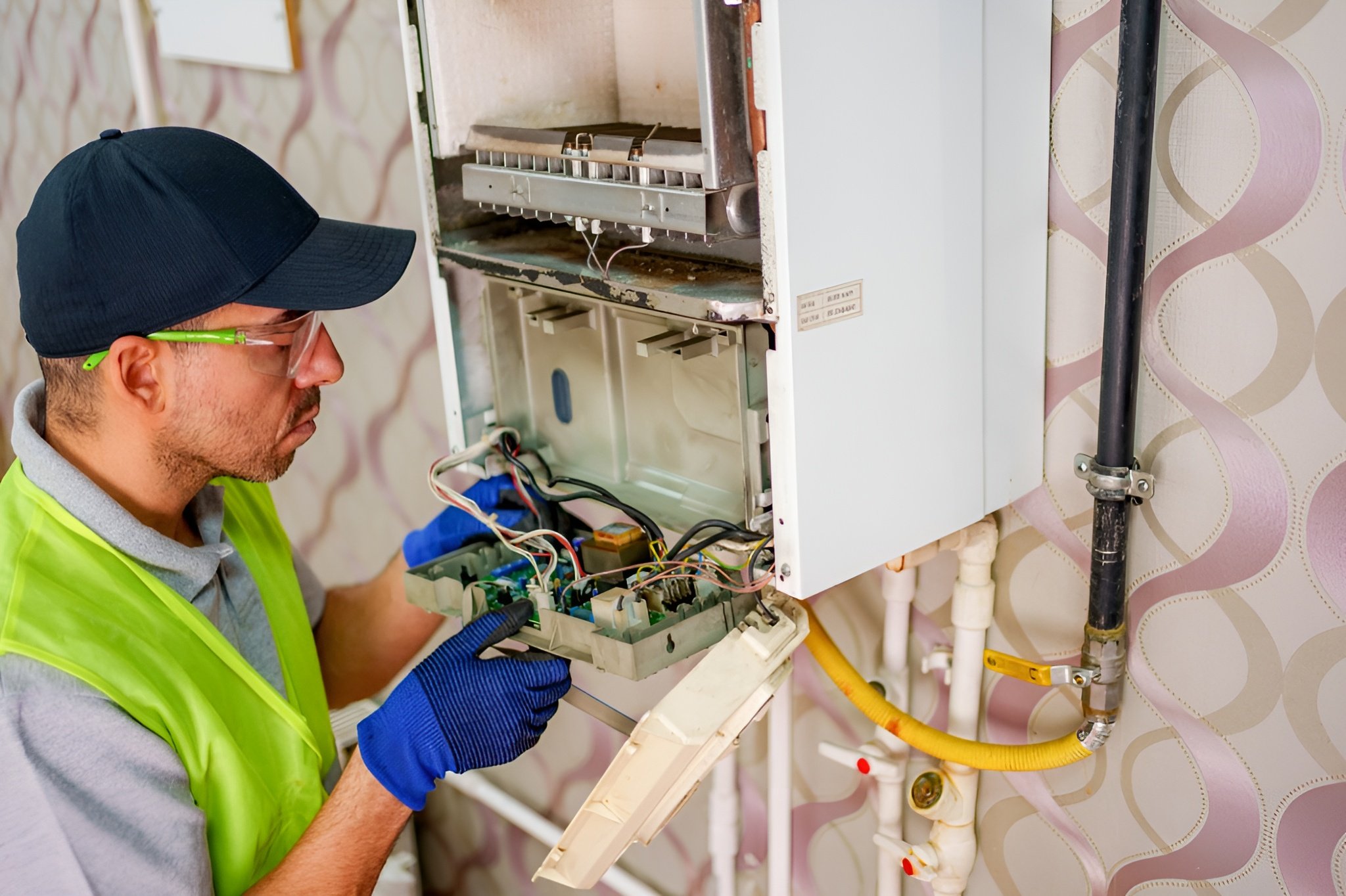 A man in protective glasses, gloves, and a vest repairs an open wall-mounted gas boiler. He is examining the wires carefully.