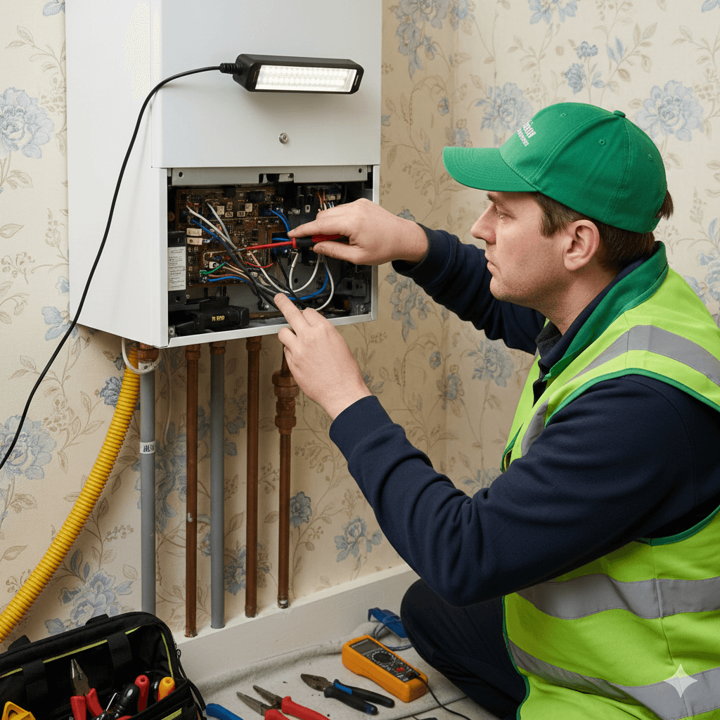 technician in a green vest and hat carefully works on the internal components of a wall-mounted boiler