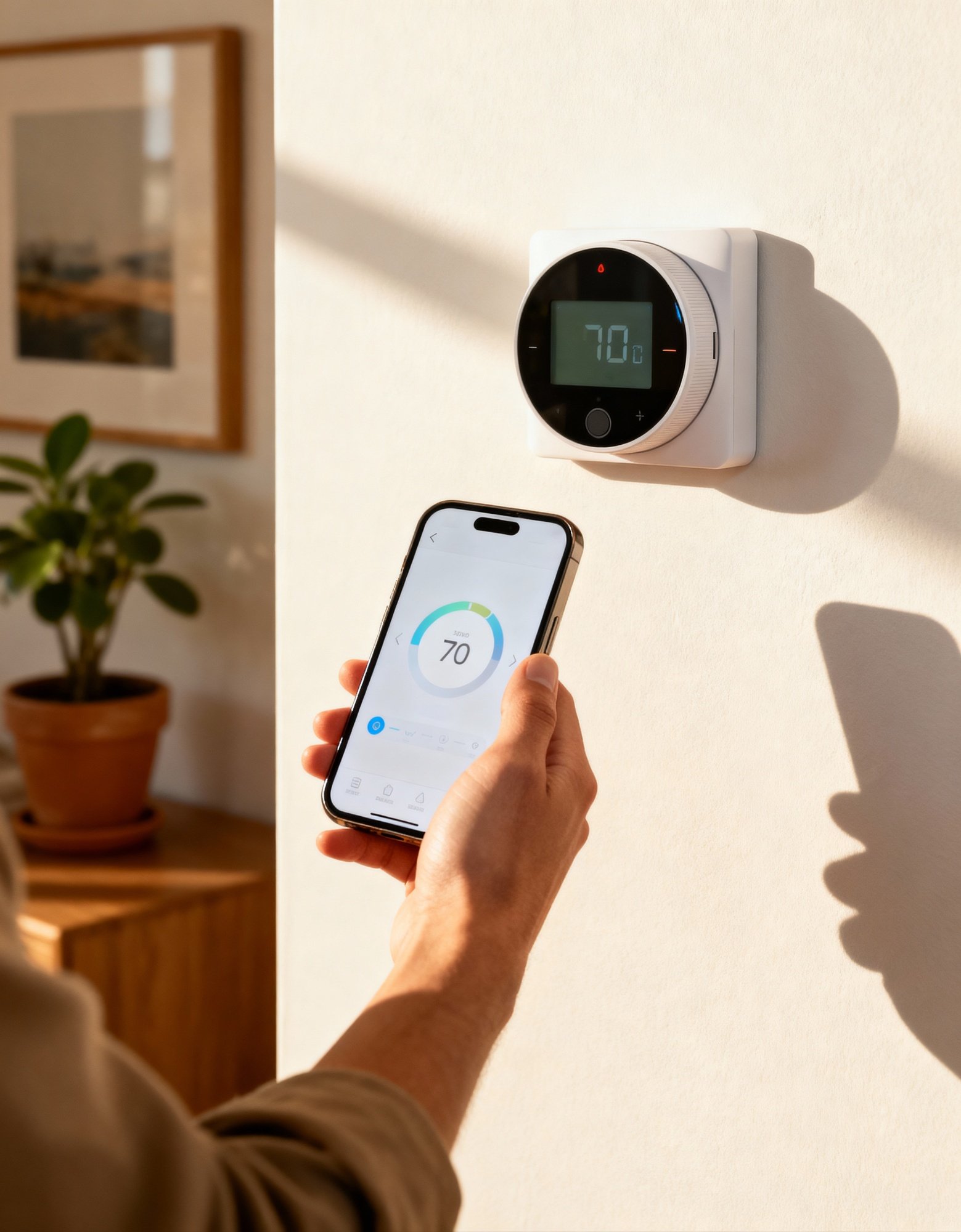 Hand holding a smartphone displaying a smart thermostat mobile app next to a wall-mounted digital thermostat set to 70 degrees.