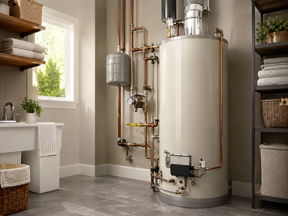 Utility room with a large cylindrical water heater, exposed copper pipes, farmhouse sink, window, shelving, towels, and baskets; tidy, warm setting.