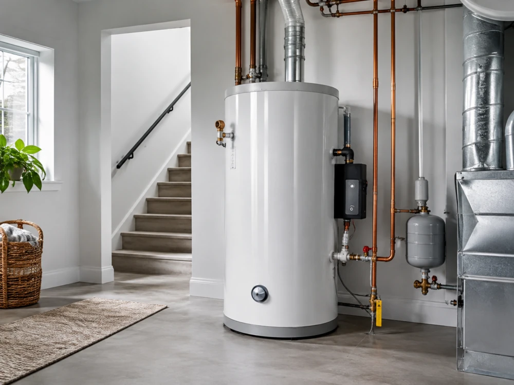 Bright utility room with a white water heater, exposed copper pipes and ductwork, beside stairs and a potted plant; clean, modern, calm.