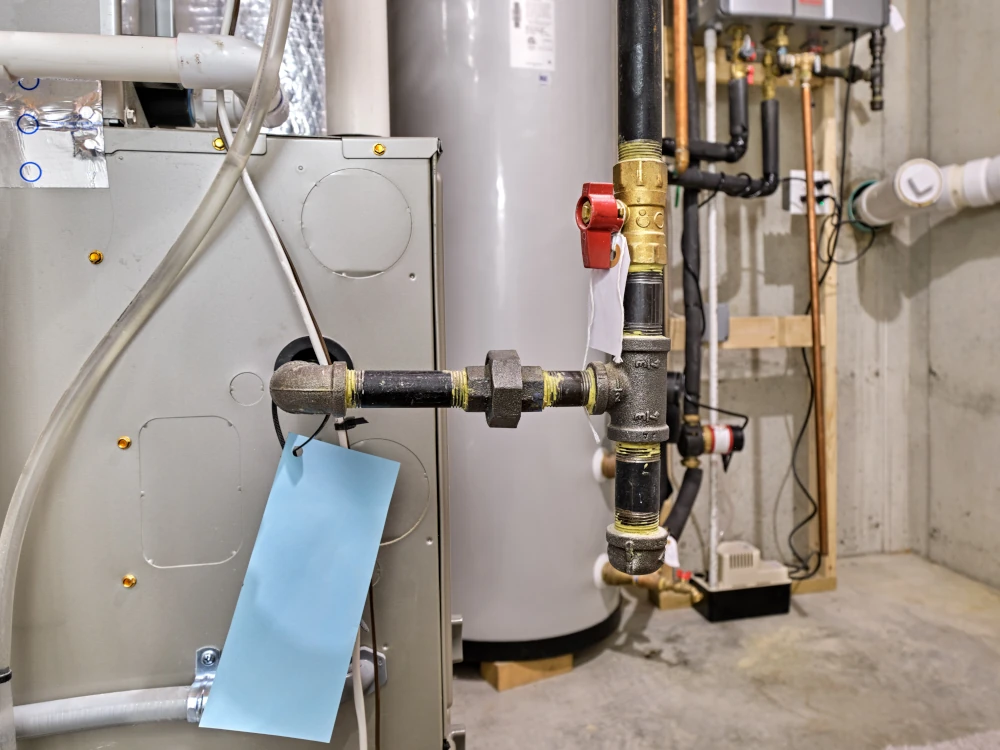 Close-up of brass plumbing valves and black pipes in a utility room, with a blue inspection tag, gray furnace, and white water heater.