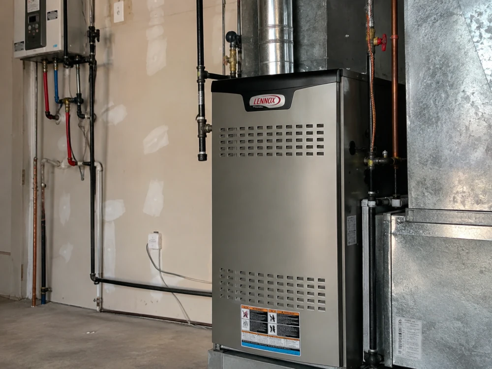 Lennox gas furnace in an unfinished utility room, surrounded by galvanized ductwork, exposed pipes, wiring, and concrete flooring.